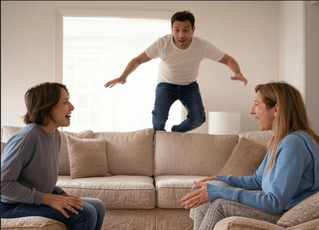 Man jumping, women laughing.