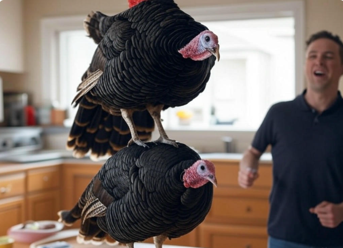 Stacked turkeys surprise man