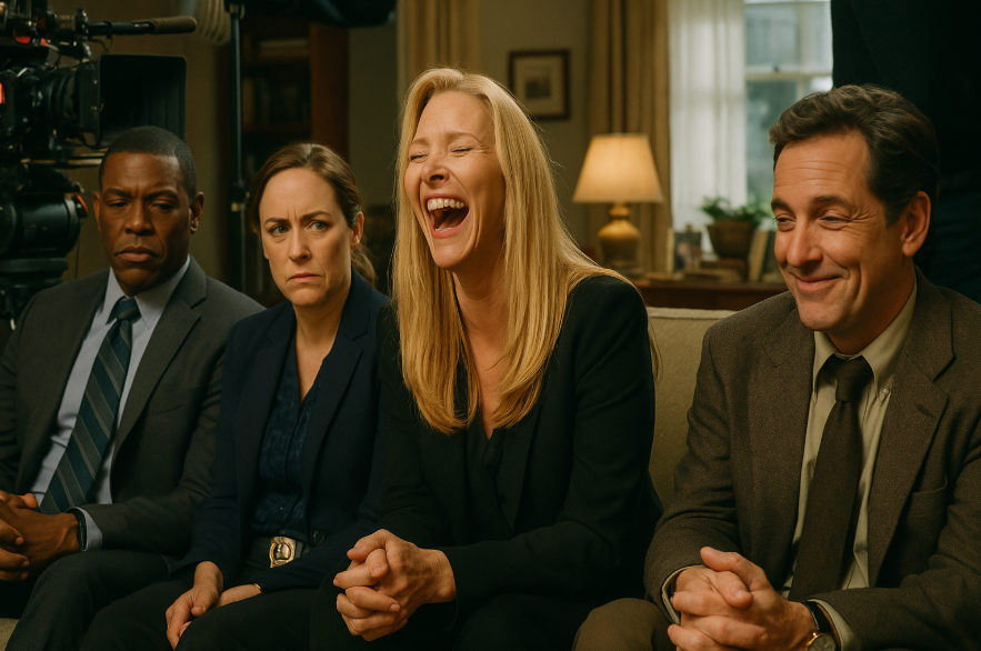 Four people on couch, filming