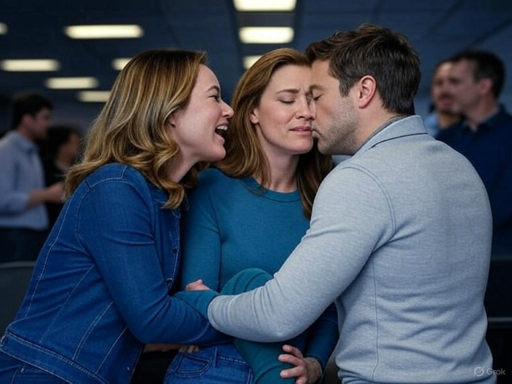 Three people hugging emotionally.