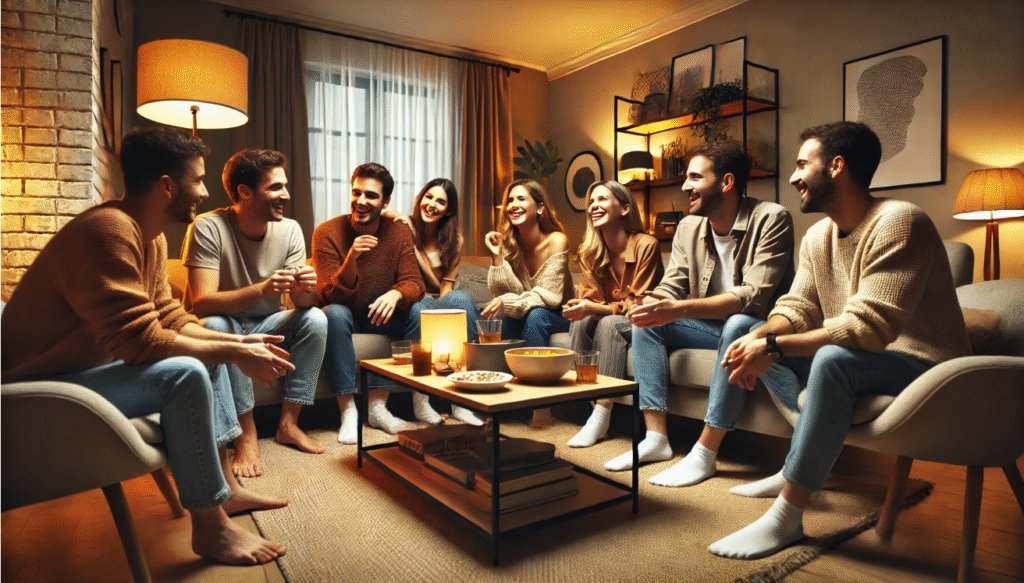 Group laughing at trivia game.
