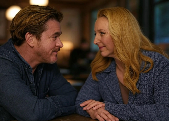 Couple talking at table.
