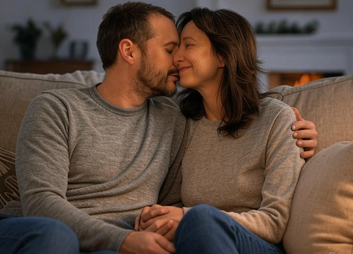Couple cuddling by fireplace.