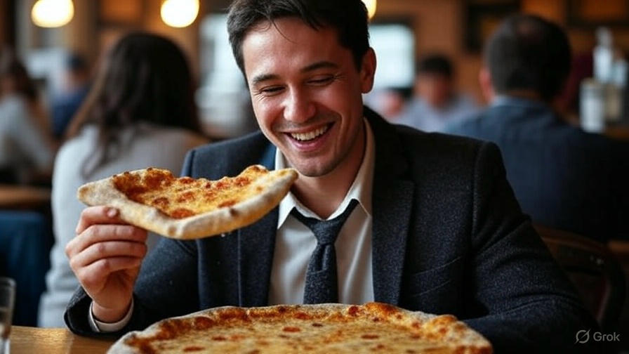 Man eating pizza happily.