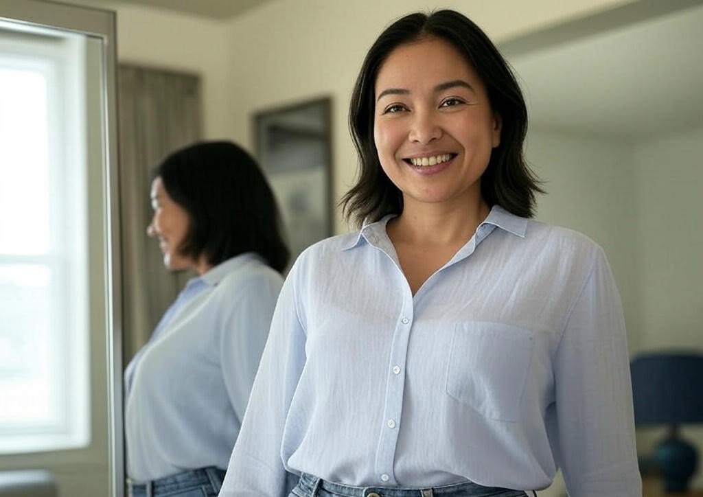 Woman smiling in mirror.