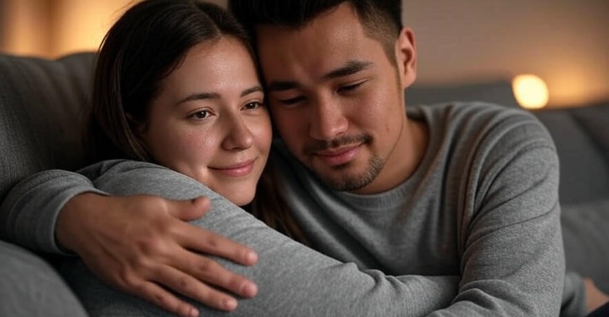 Couple hugging on couch.