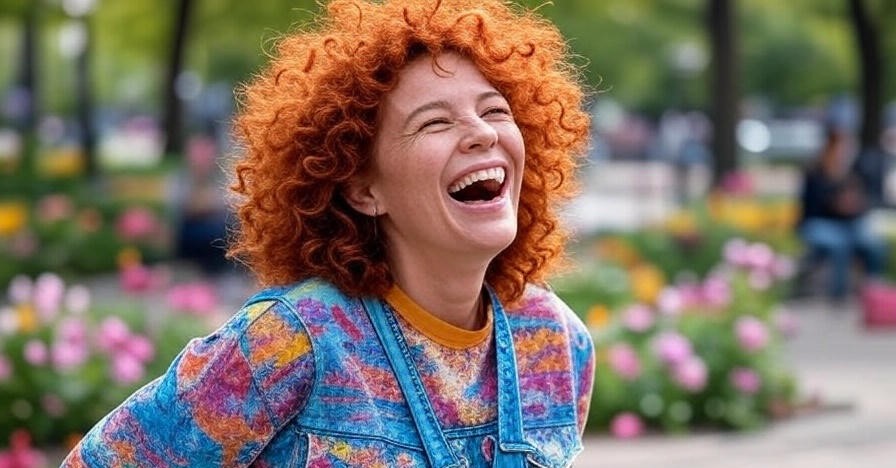 Woman laughing in garden.