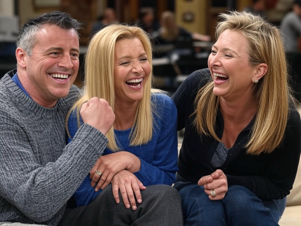 Three friends laughing together