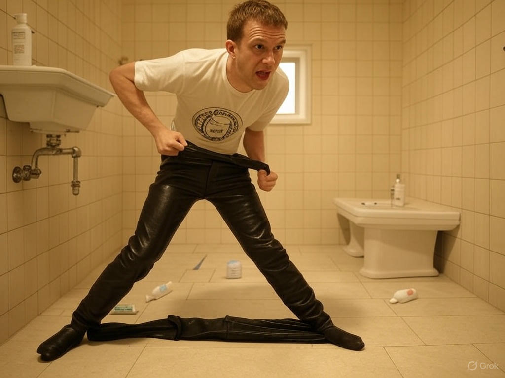 Man struggling with pants