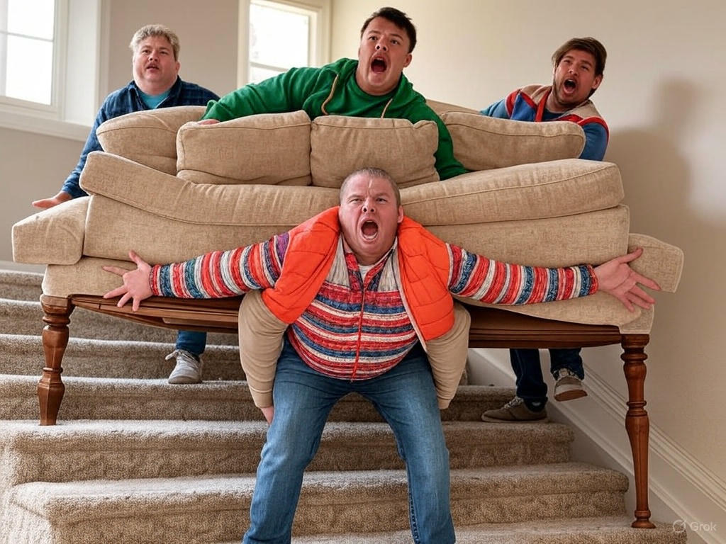 Men moving couch downstairs