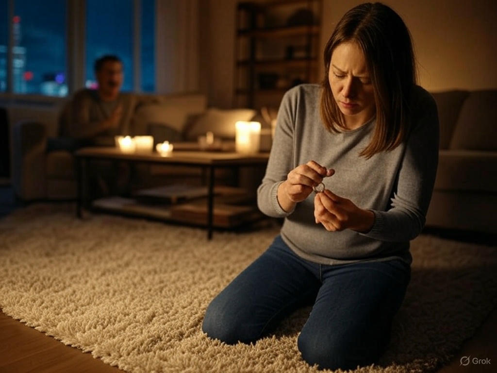 Woman kneeling, holding ring.