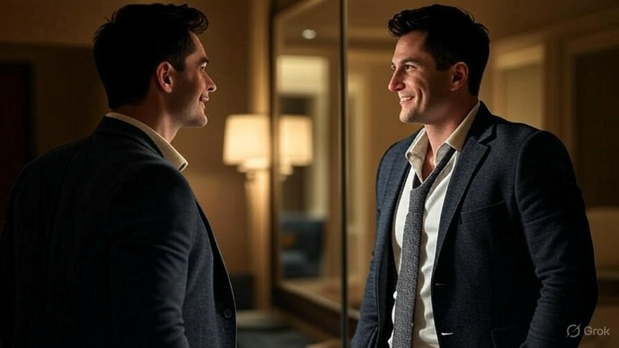 Man smiling at mirror.