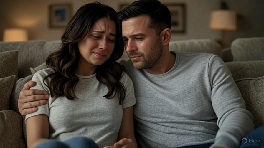 Emotional couple on couch