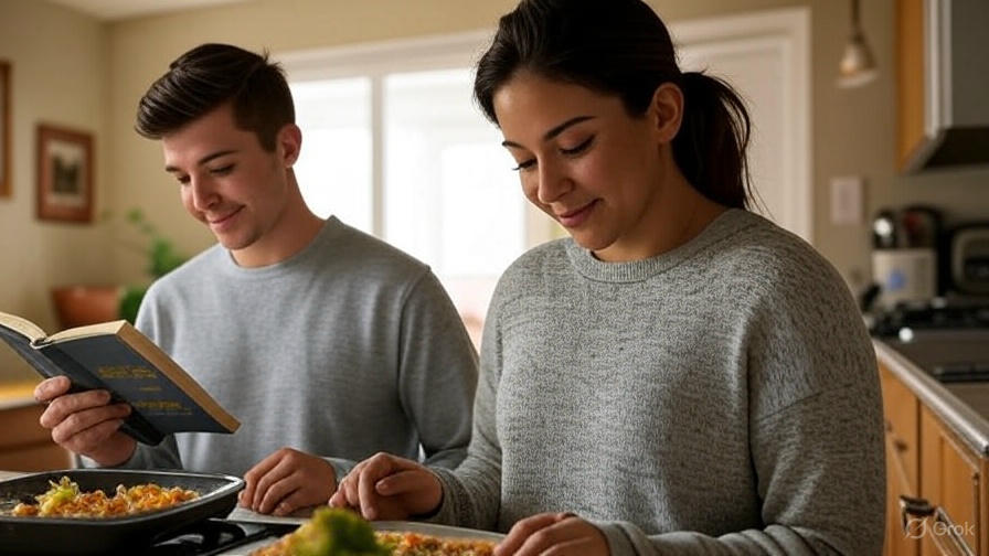 Two people in kitchen.