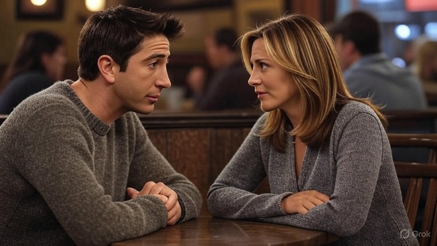 Two people talking in restaurant.