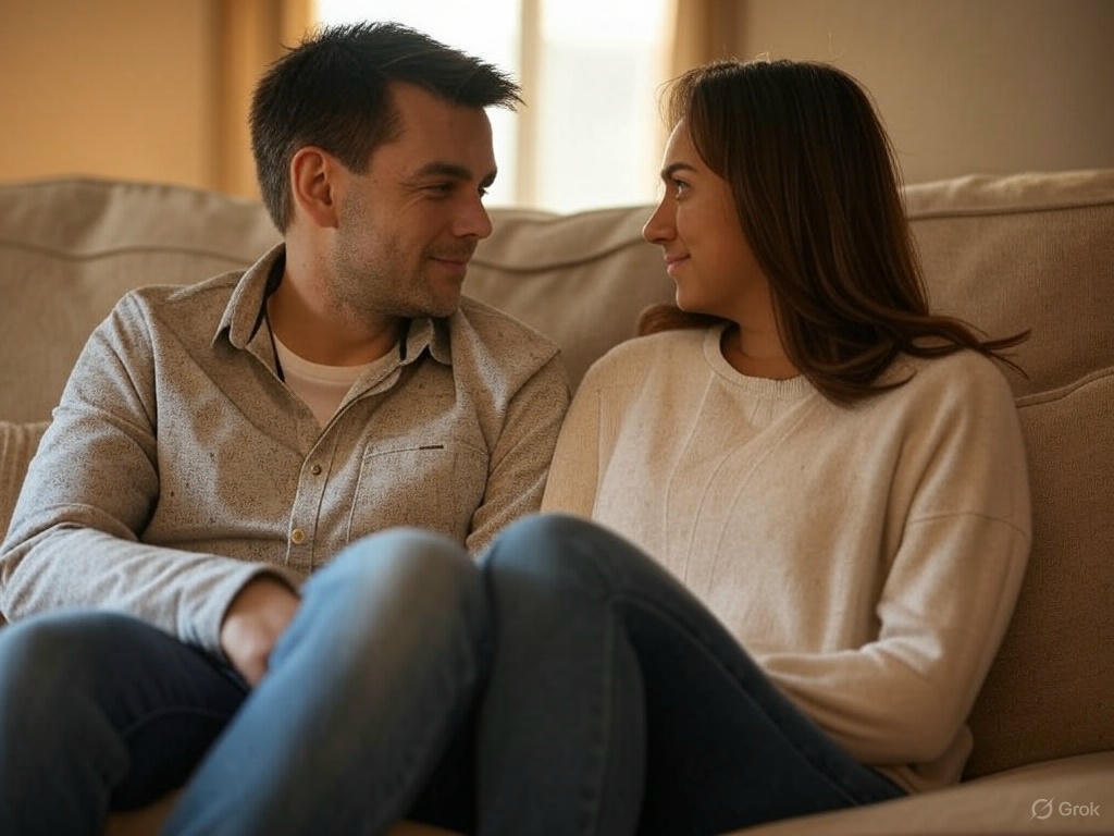 Couple chatting on couch.