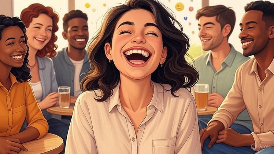 Friends laughing, cafe setting