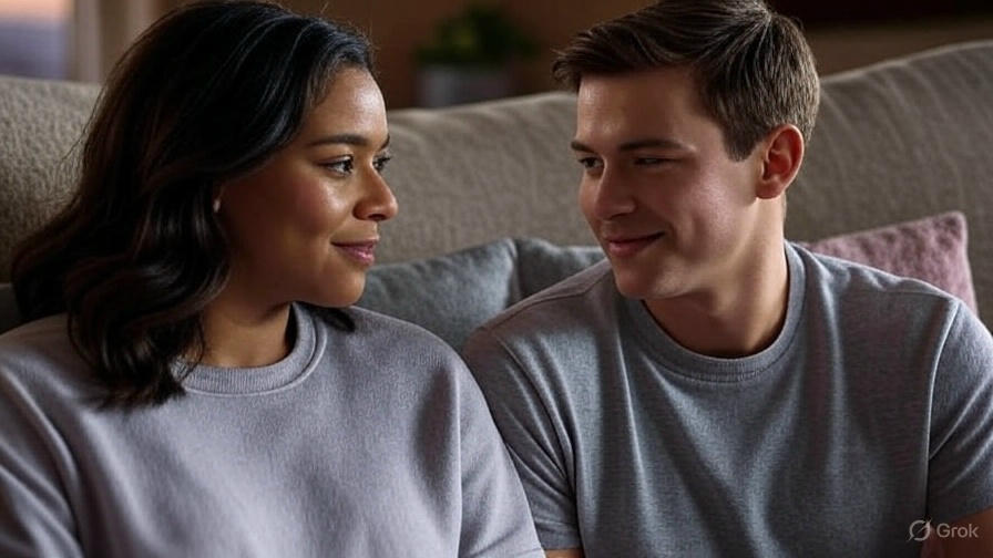Couple smiling on couch.