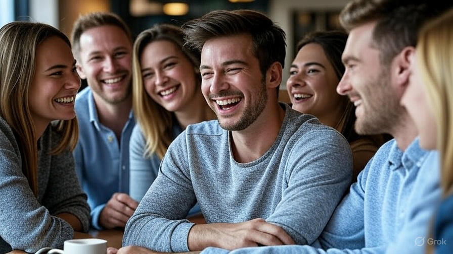 Group laughing at cafe.