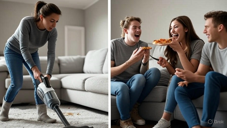 Vacuuming and eating pizza.