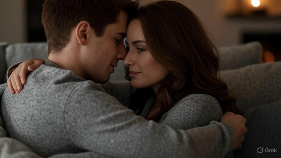 Couple embracing by fireplace.