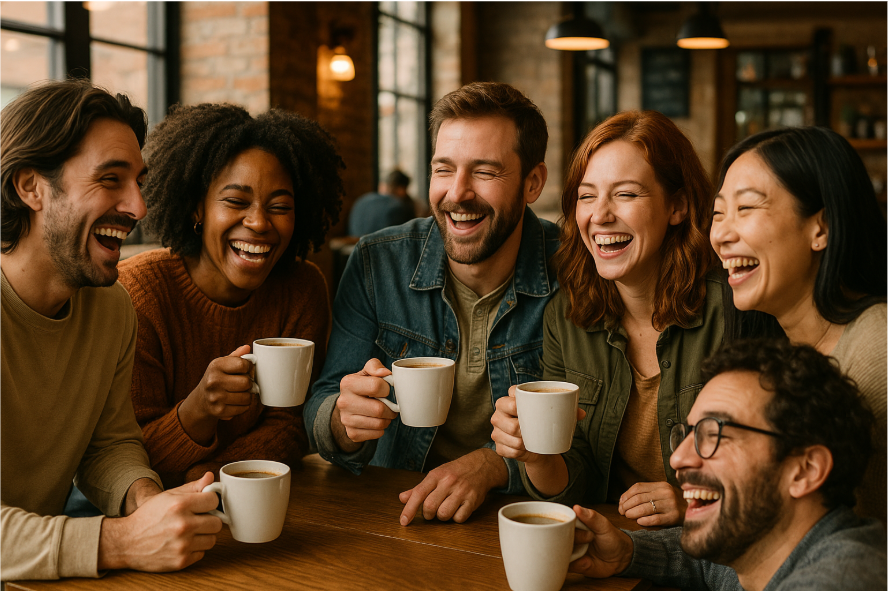Smiling friends in café.
