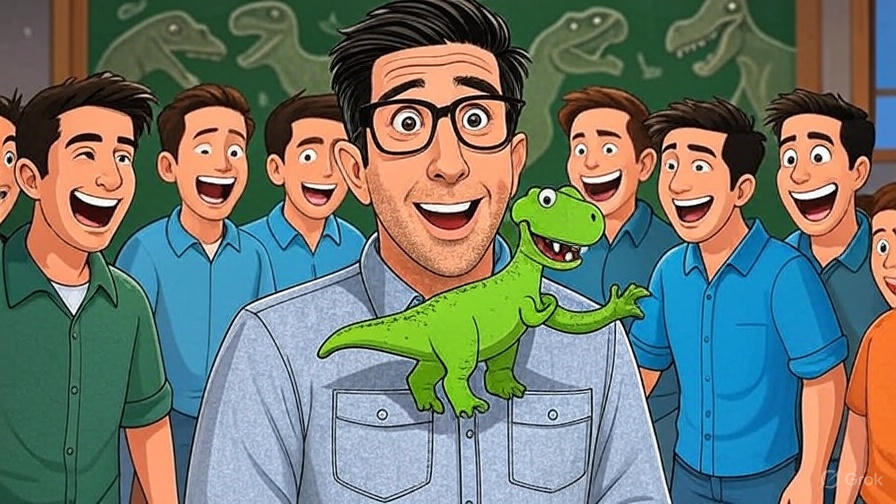 Man with dinosaur friends.