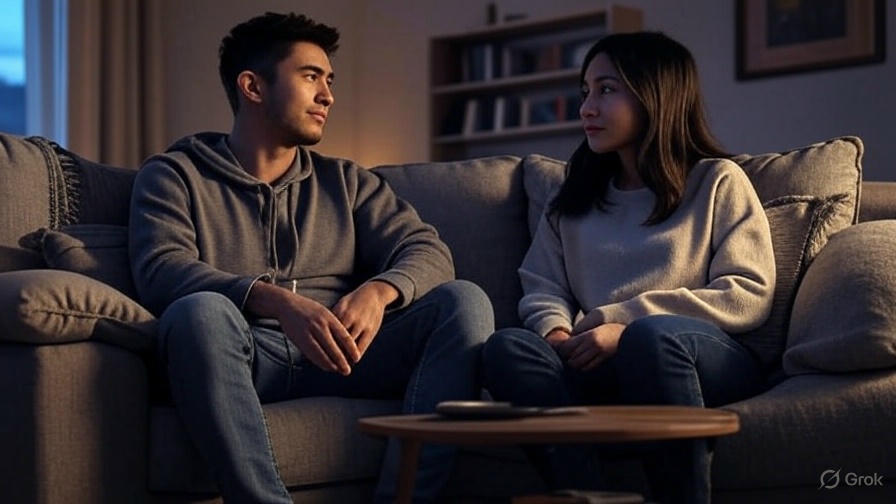 Two people on cozy couch.