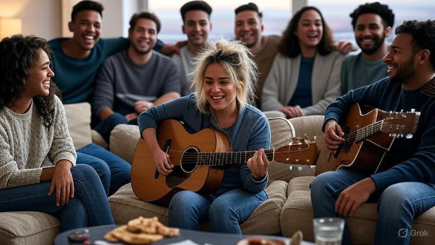Friends playing guitars together.