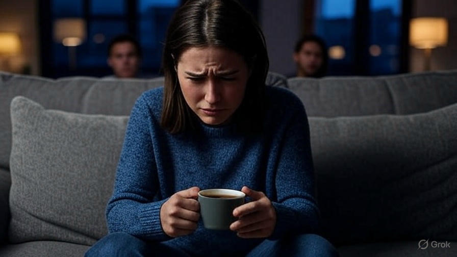 Woman sipping coffee sadly.