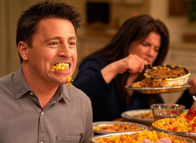 Man overeating Thanksgiving dinner