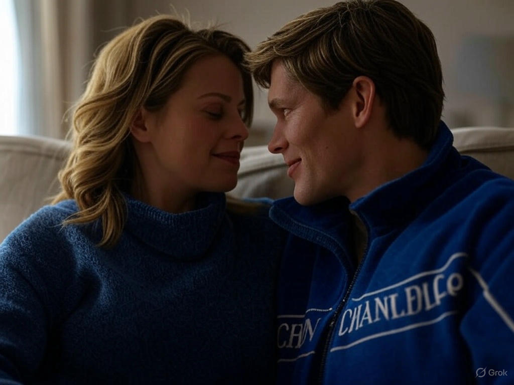 Couple in blue outfits.