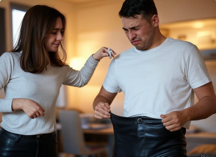 Couple struggling with pants