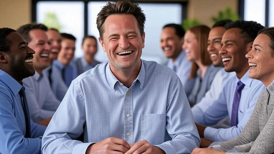 Group laughing in office.