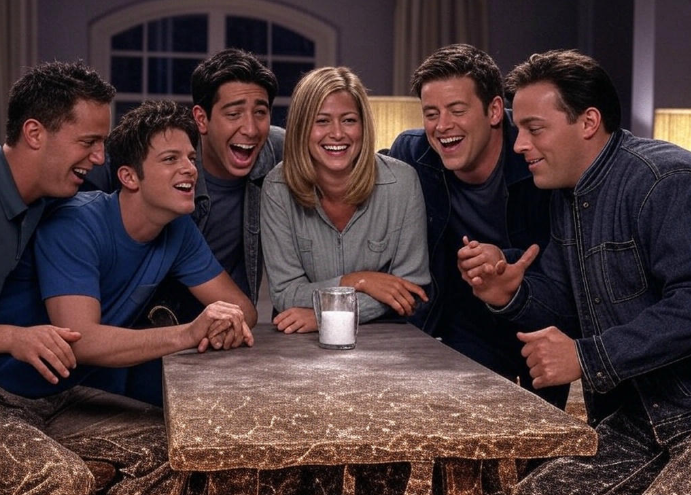 Friends laughing around table