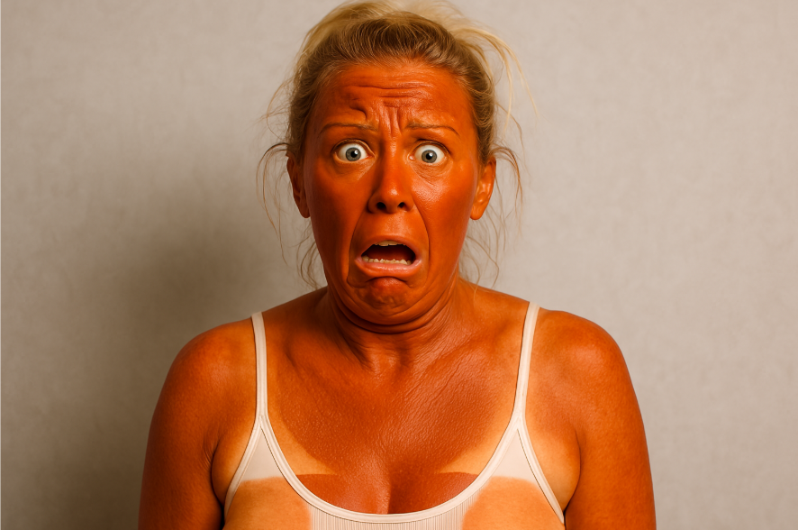 Overtanned woman looks horrified