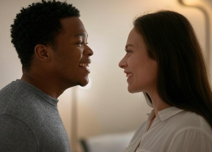 Two people smiling indoors.
