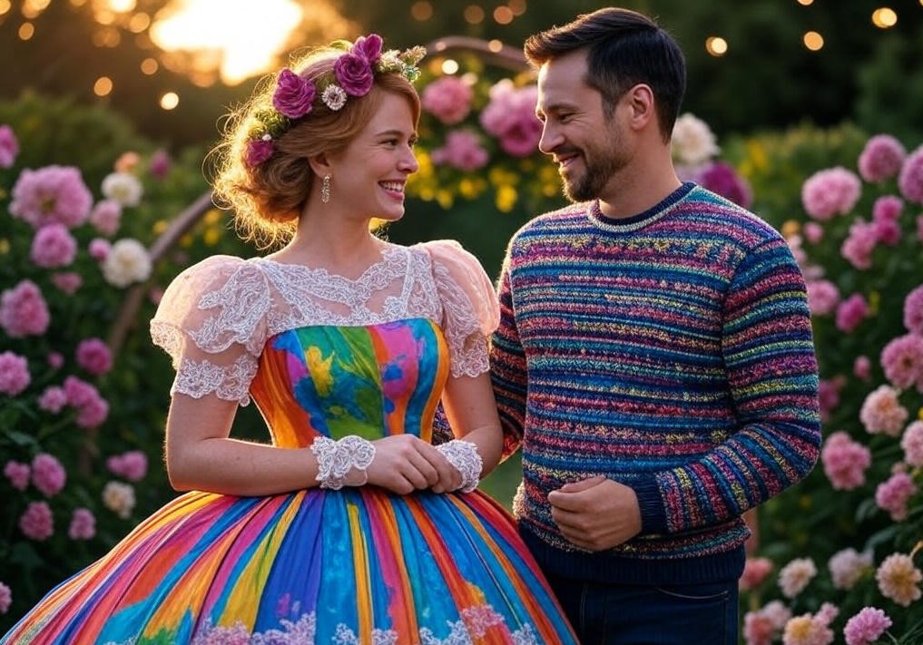 Couple in colorful garden.