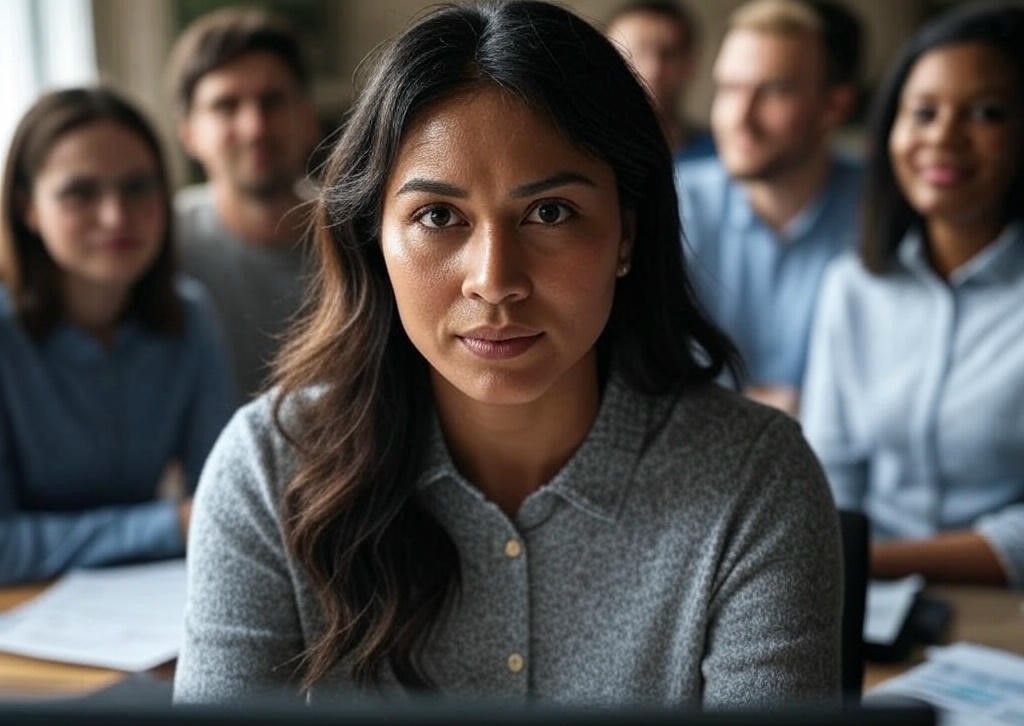 Woman in group meeting.