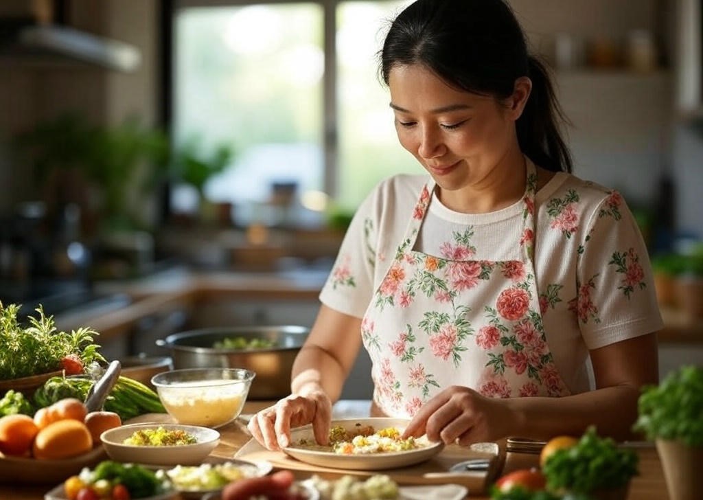 Woman cooking with vegetables.