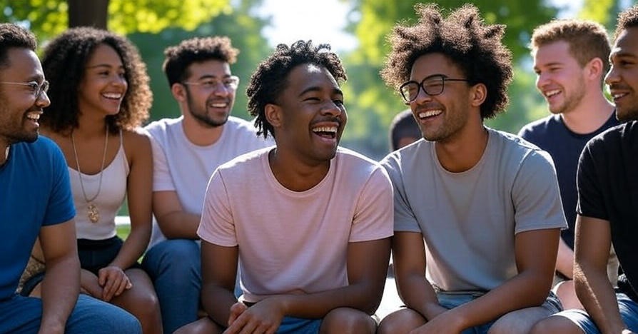 Friends laughing outdoors together.