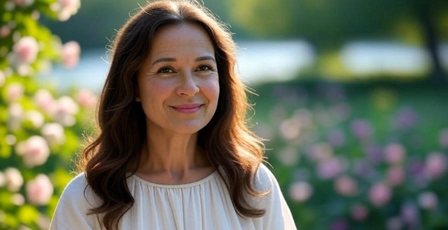 Woman smiling in garden.