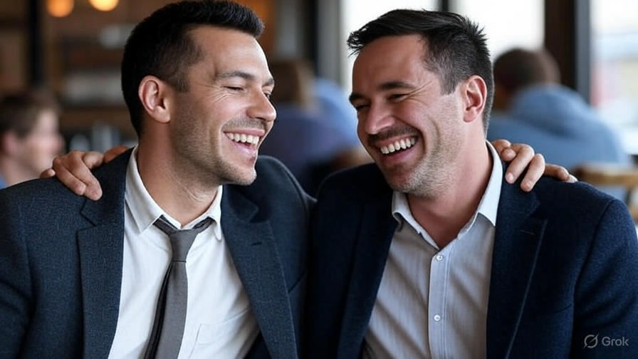 Two men laughing together.
