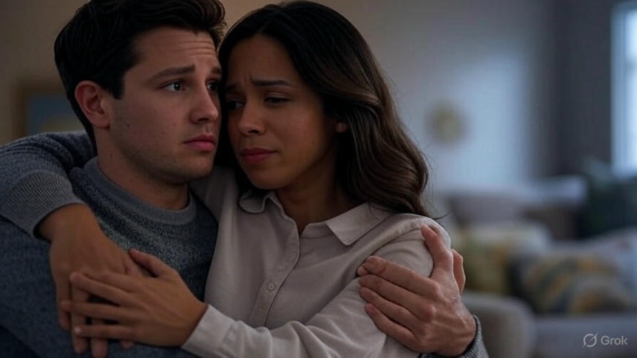 Two people hugging emotionally.