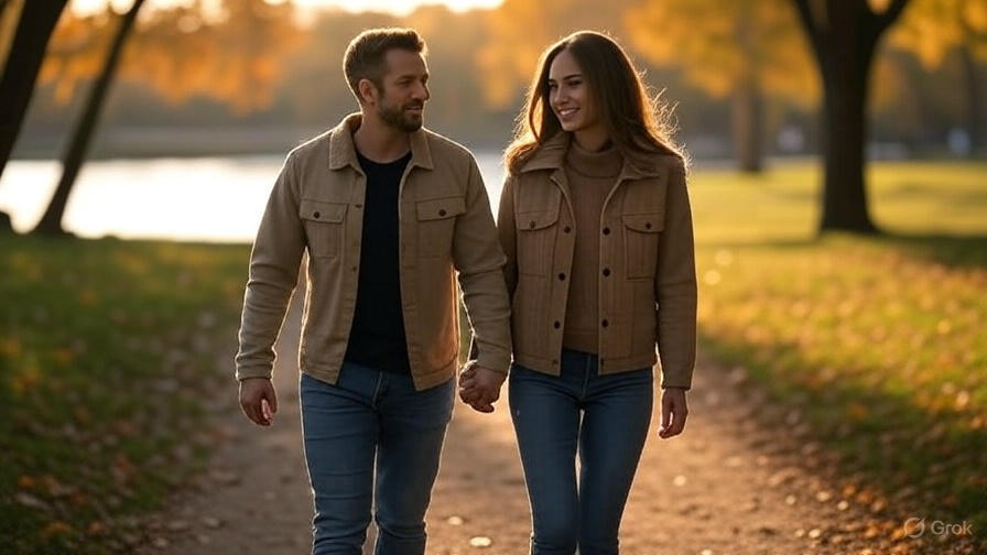 Couple walking at sunset.