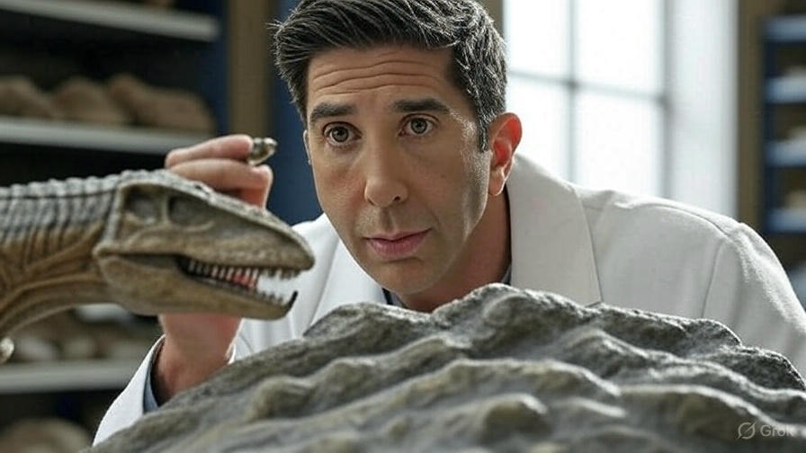 Scientist examining dinosaur fossil.