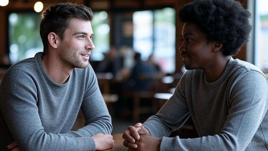 Two men talking at table.