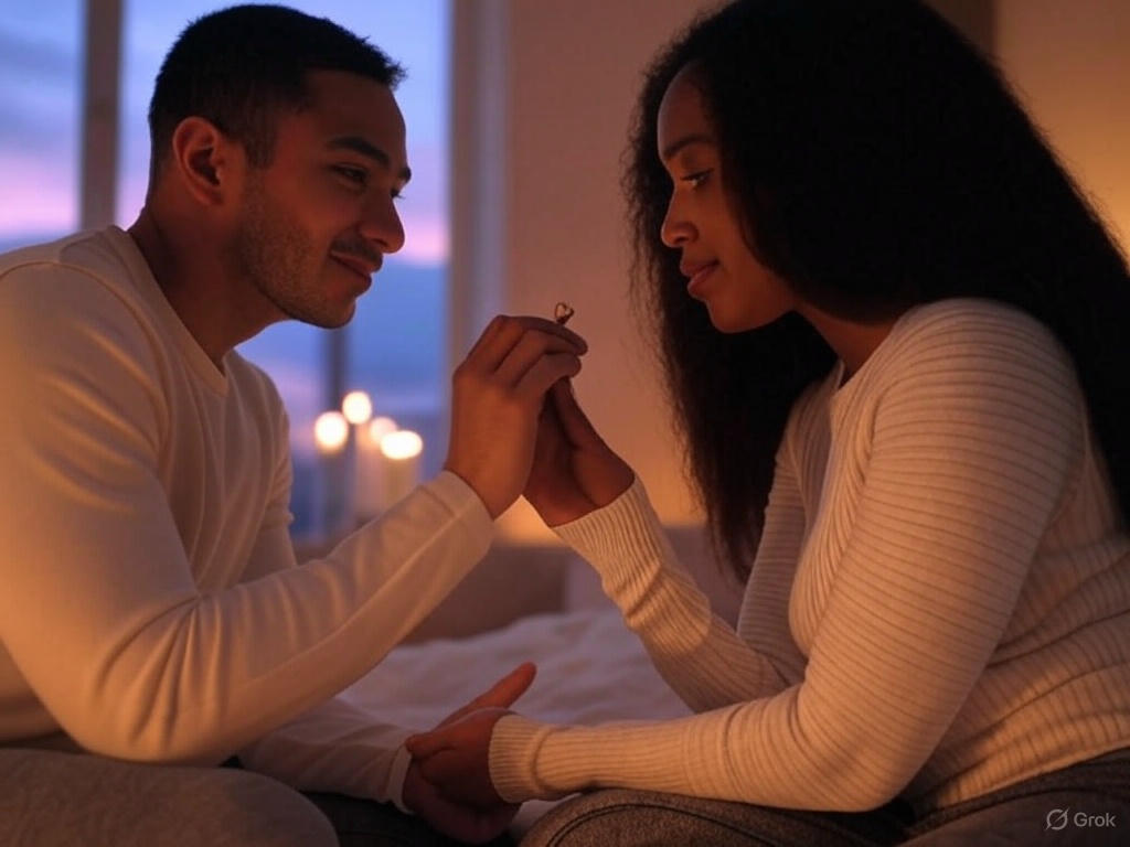 Couple sharing romantic moment.