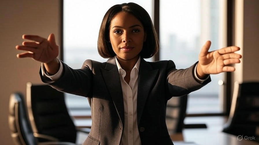 Woman in suit gesturing.