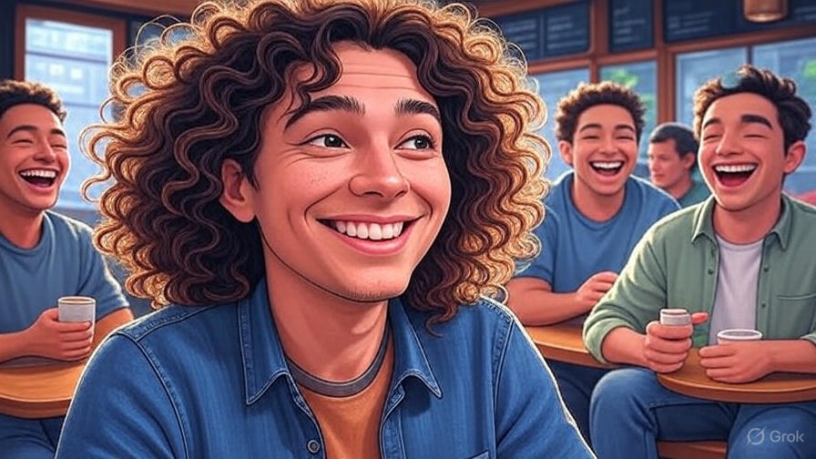 Friends laughing, cafe scene